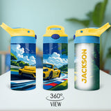 Personalized Back to School Water Bottle featuring race car design and child’s name, great for school lunches and birthday gifts. 