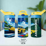 Personalized Back to School Water Bottle featuring race car design and child’s name, great for school lunches and birthday gifts. 