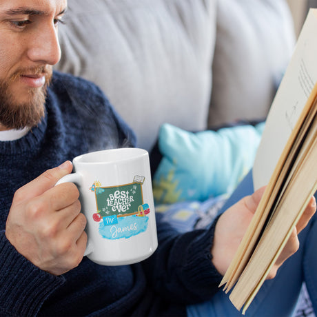 personalized Best Teacher Ever coffee cup, custom teacher gift for male educators. Day teacher gift ideas. 