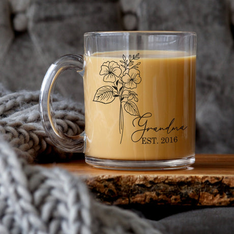 personalized birth flower glass mug with floral elements birth month coffee mug custom gift for her. 