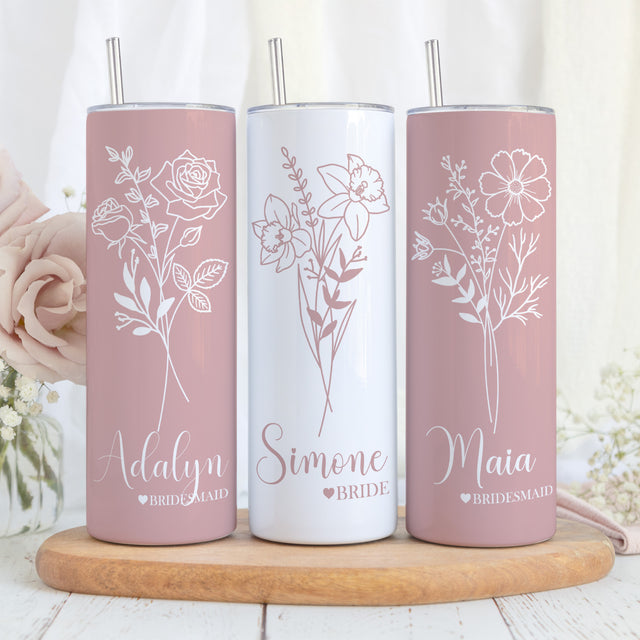 Dusty Rose Birthflower Tumbler. Personalized Bridesmaid Tumbler.