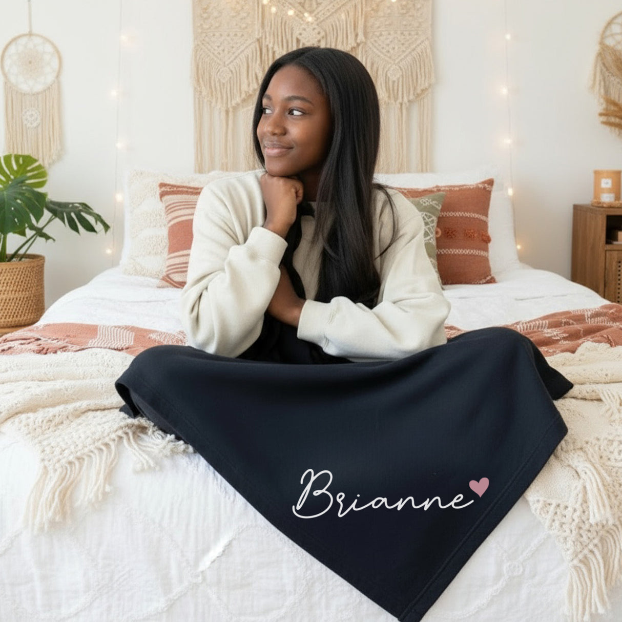 Simple personalized blanket for teen girls with name and heart design printed on. Christmas and birthday gifts for her.
