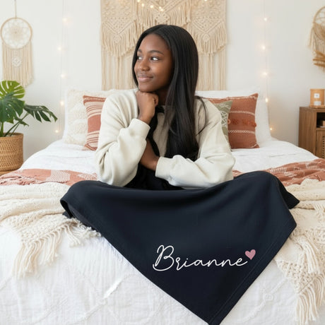 Simple personalized blanket for teen girls with name and heart design printed on. Christmas and birthday gifts for her.