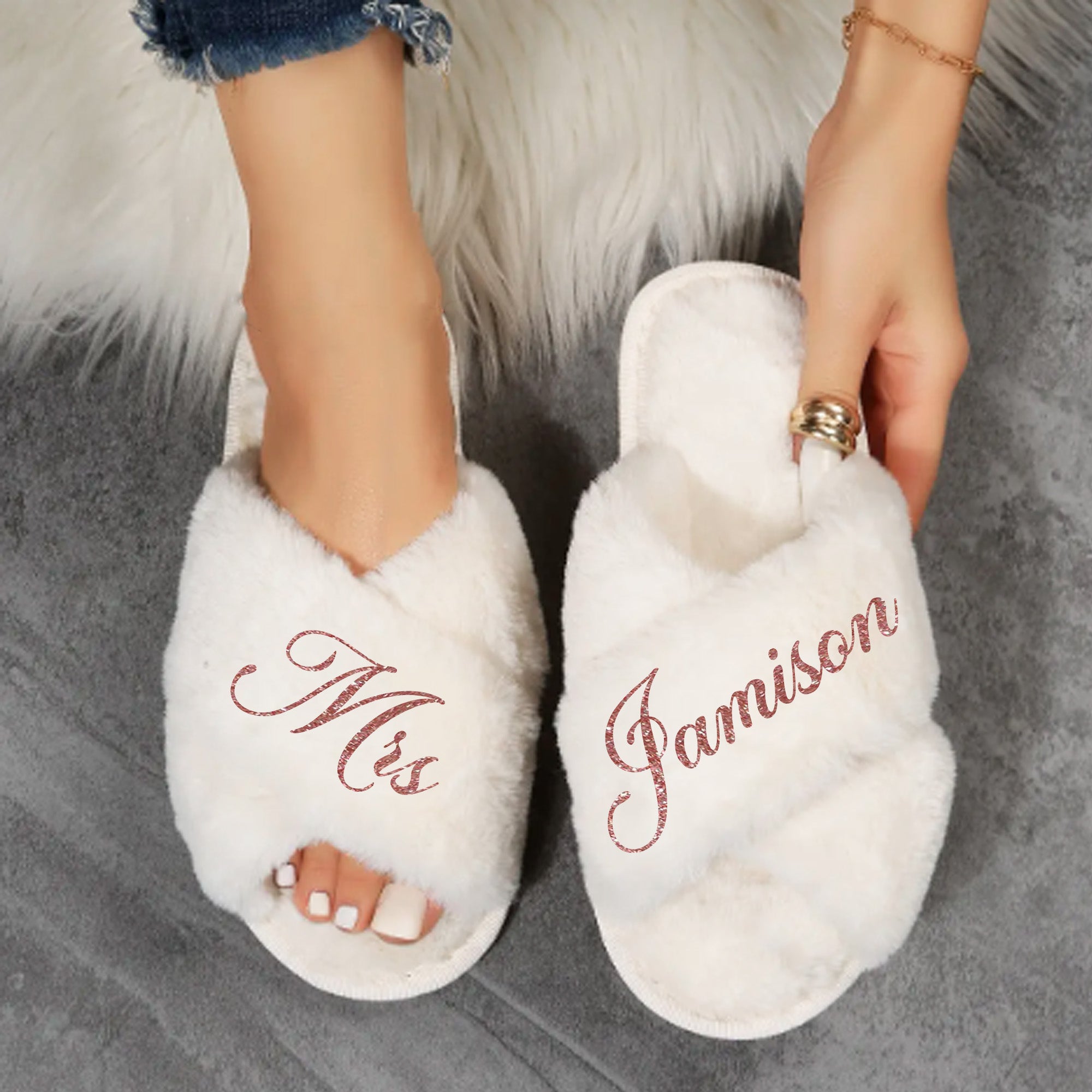 Personalized bride slippers for wedding day get ready, and matching bridesmaid slippers for morning of. 