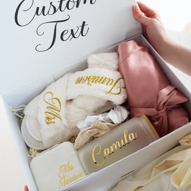 Custom bundle box gift for the bride at bridal party. The perfect bridesmaid proposal gift ideas. 