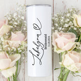 Personalized bridal party skinny tumbler with cursive name and title. Custom bridesmaid tumbler with name, title, and wedding date.