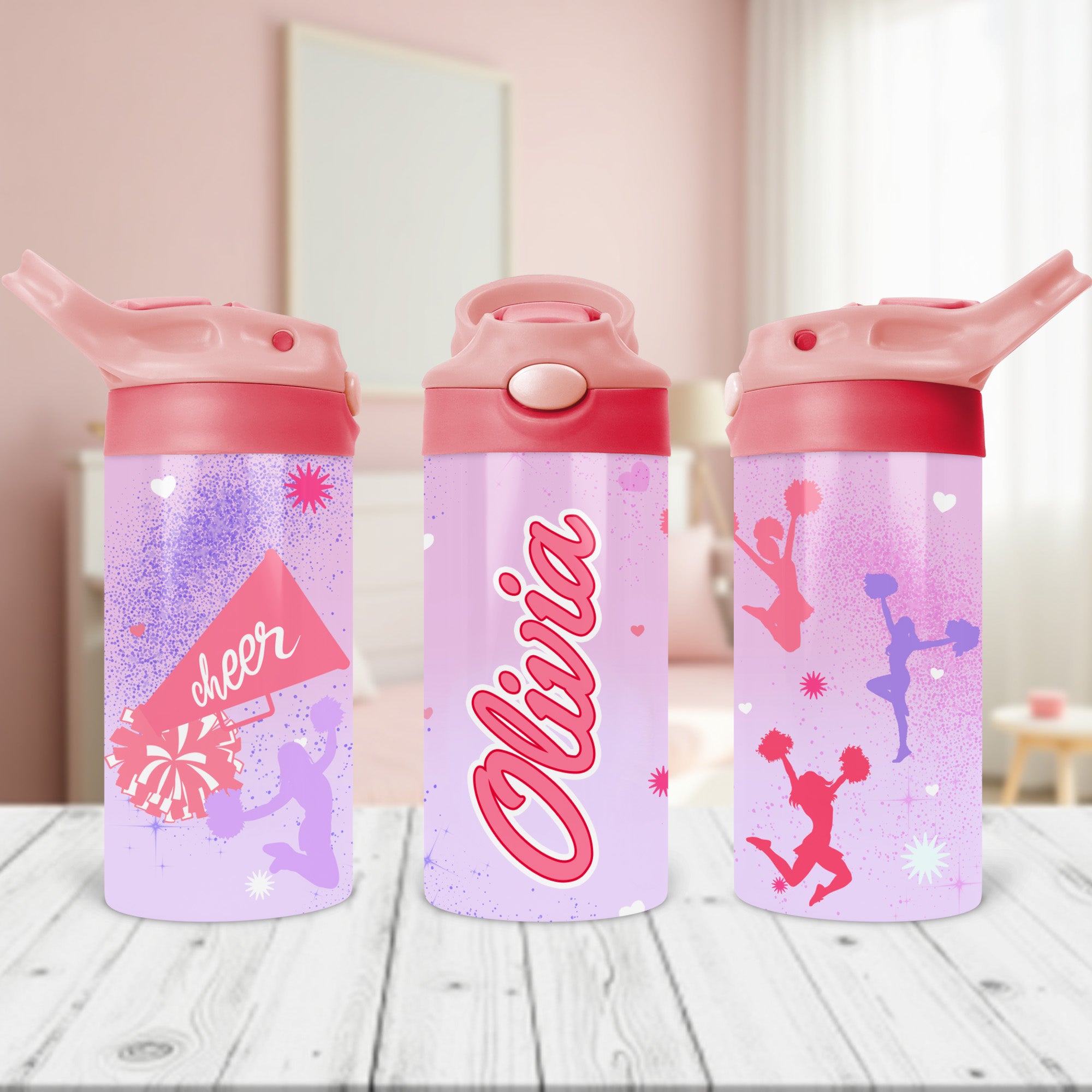 Personalized cheer water bottle for girls with custom name and flip top lid, ideal for school, sports, and team practice.