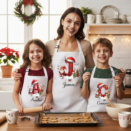 Red and Black Plaid Initial Personalized Matching Christmas Aprons for Adults and Kids - Gifts Are Blue