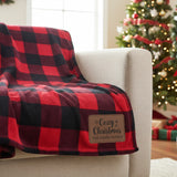 Cozy Christmas Red and Black Plaid Personalized Throw Blanket with Leather Patch