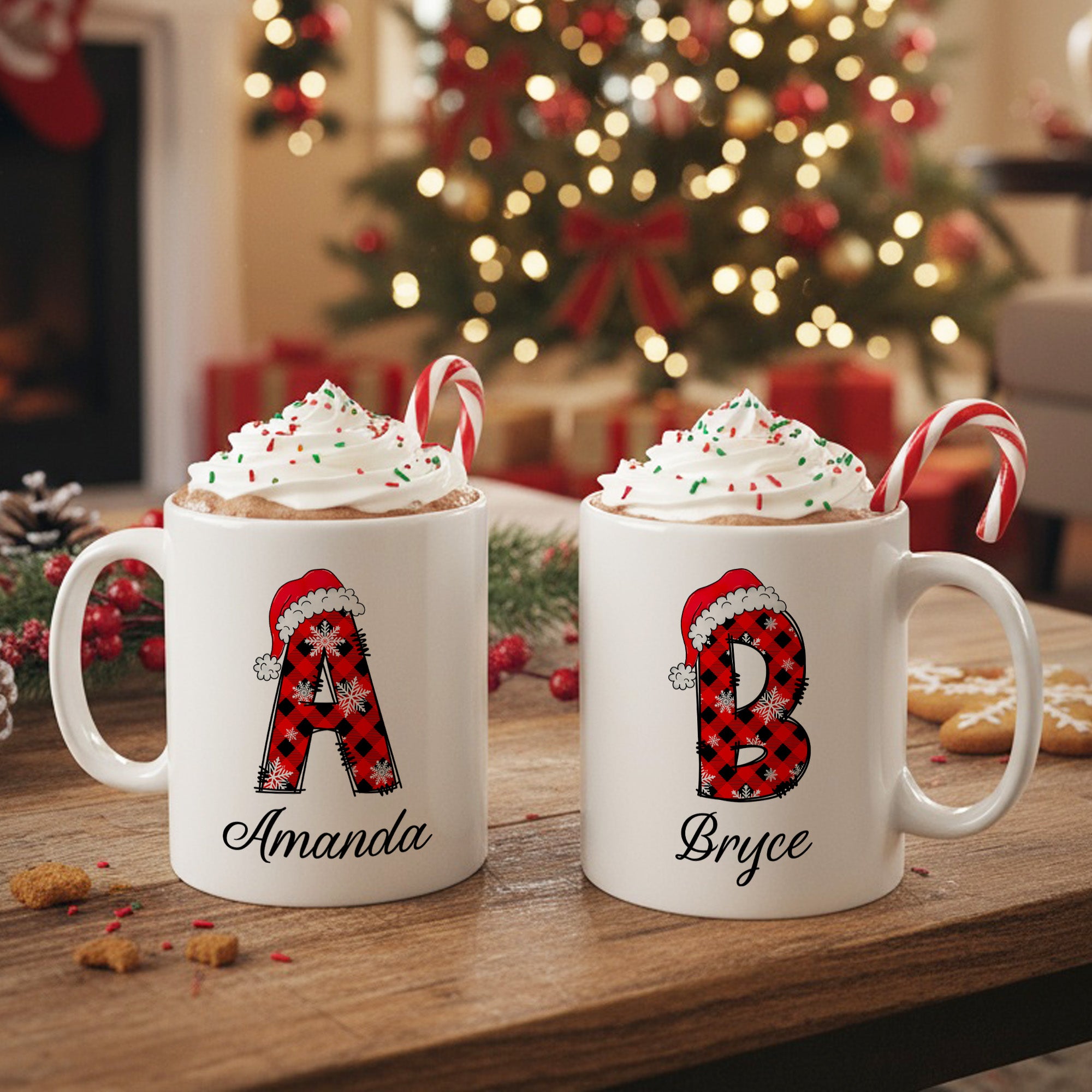 Red and Black Plaid Initial Personalized Christmas Mugs for Kids and Adults
