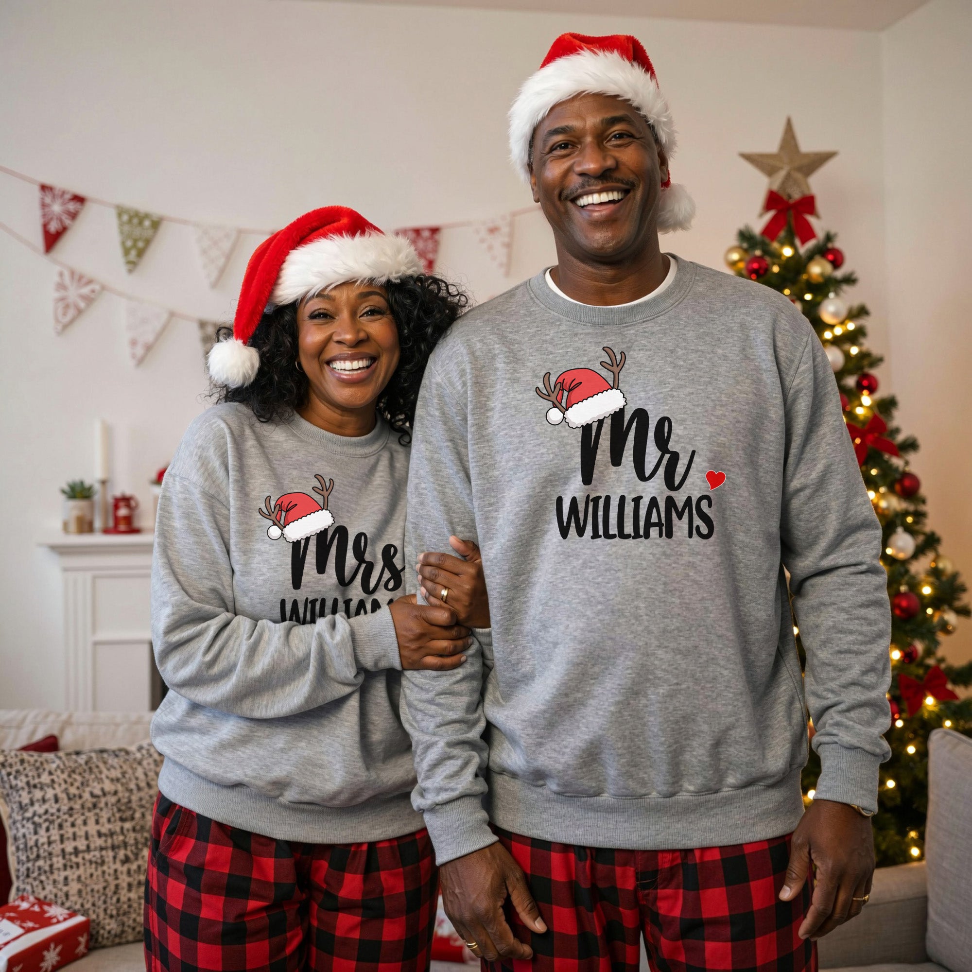 Matching Mr and Mrs Christmas Pajama Set with Buffalo Print Pants - Couples PJs Santa Hat