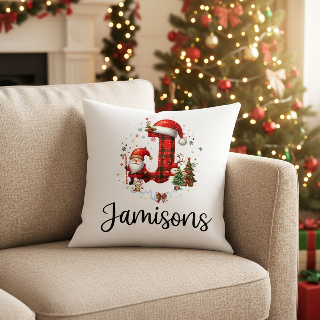 Red and Black Plaid Initial Personalized Christmas Pillow Cover and Add on Insert