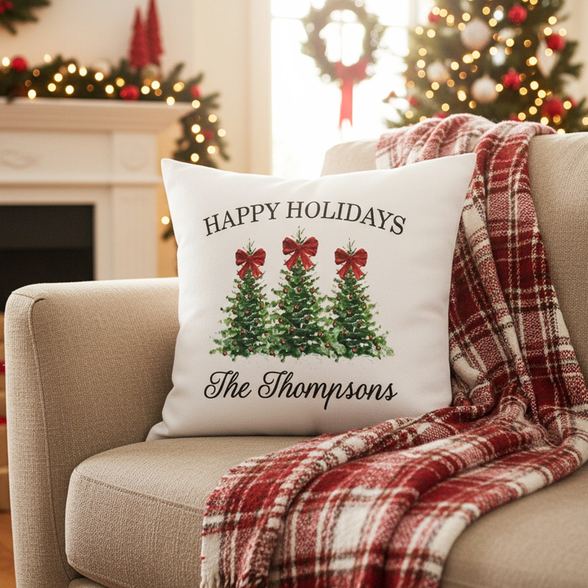 Red Bow & Trees Family Name Christmas Throw Pillow Cover and Add on Insert