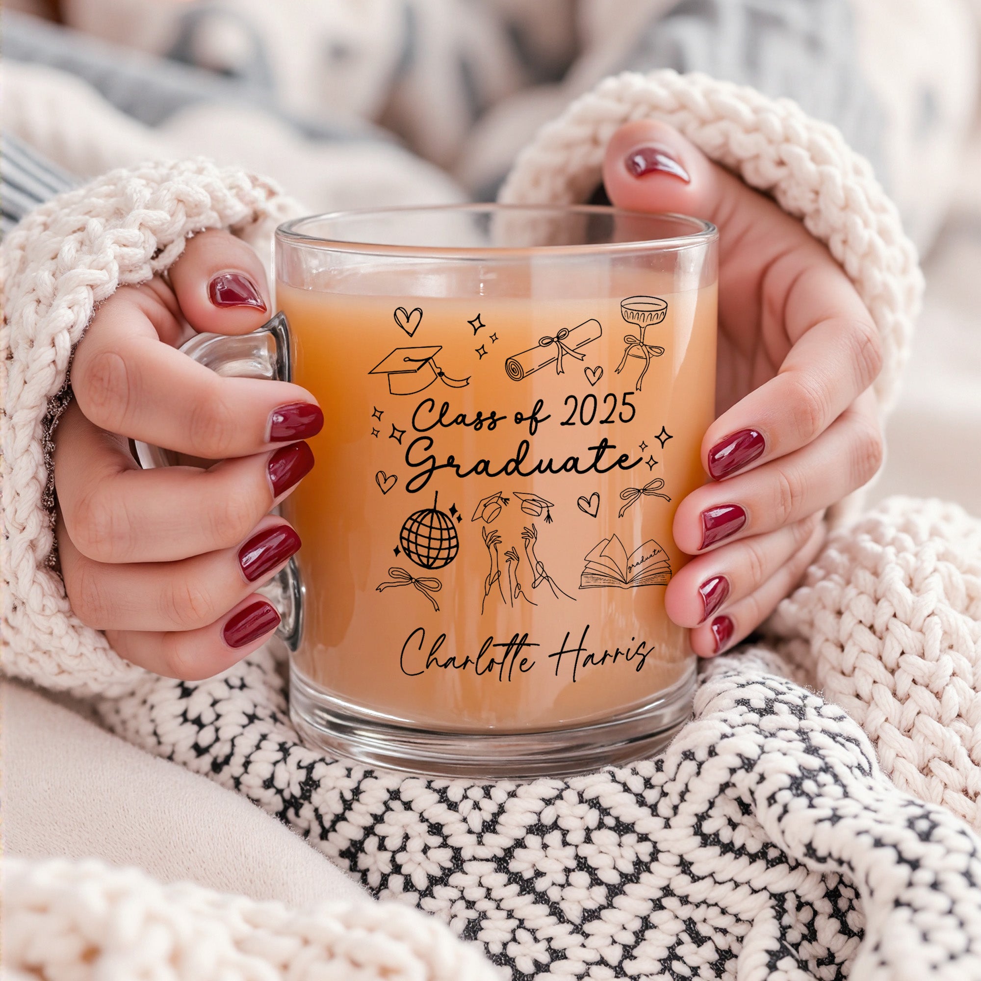 Custom Clear Glass Graduation Mug for Her with Name and Class of 2025 Design.