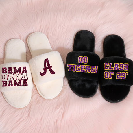 College slippers for women featuring personalized university, and name.