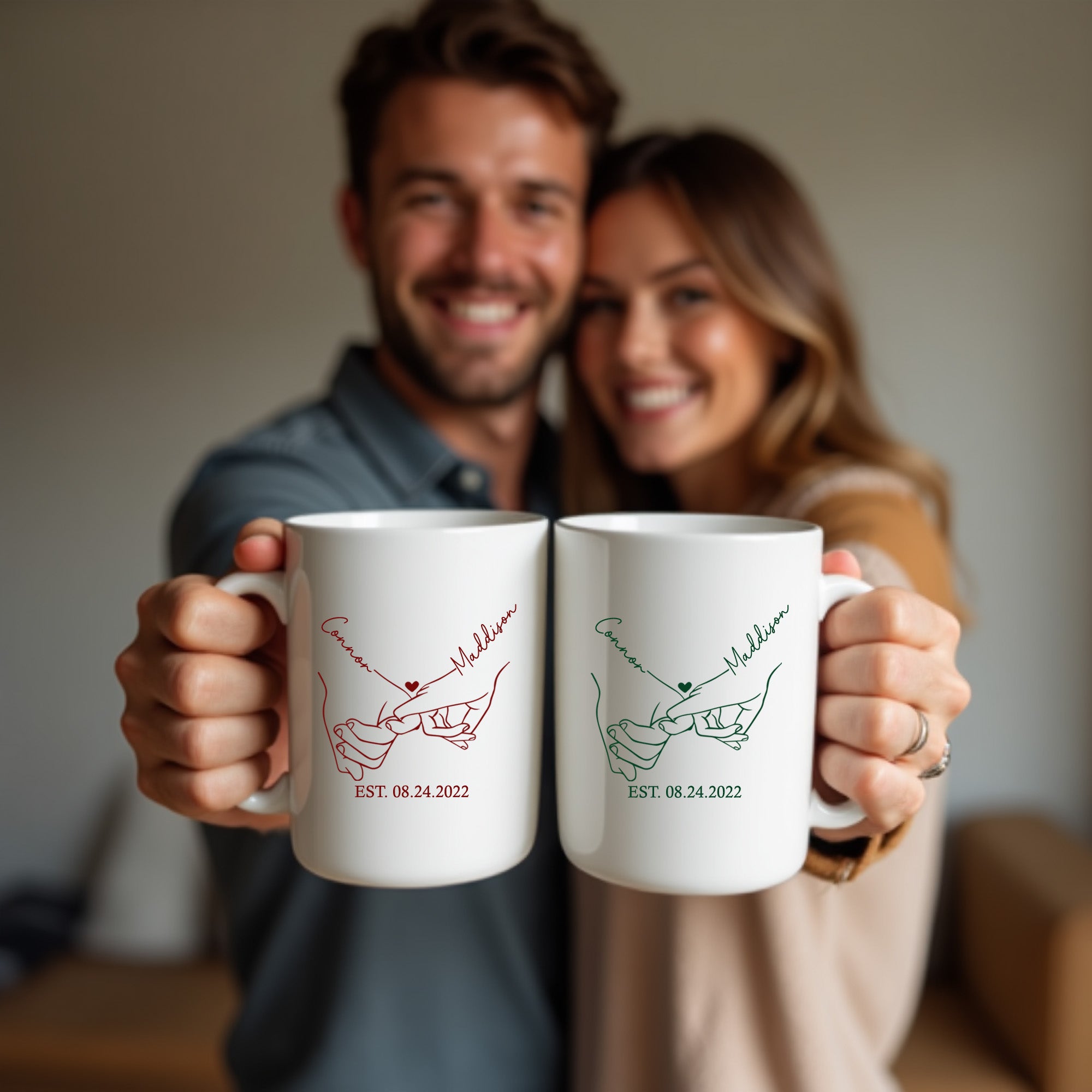 Personalized couples mug set with pinky promise design and custom names, perfect matching coffee cups for couples or engagement gifts.