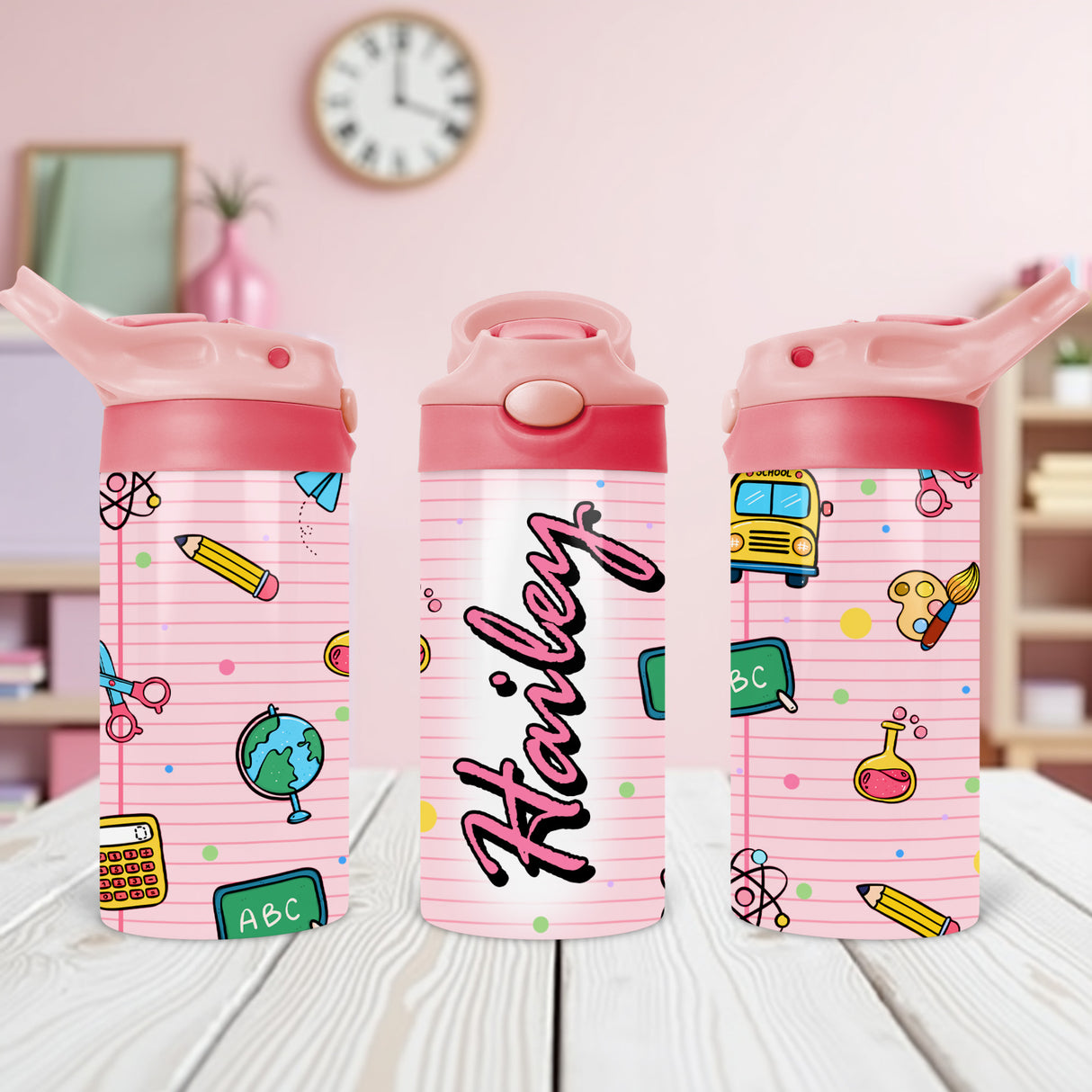 Personalized kids water bottle with name perfect for back to school gifts and custom school supplies for boys and girls.