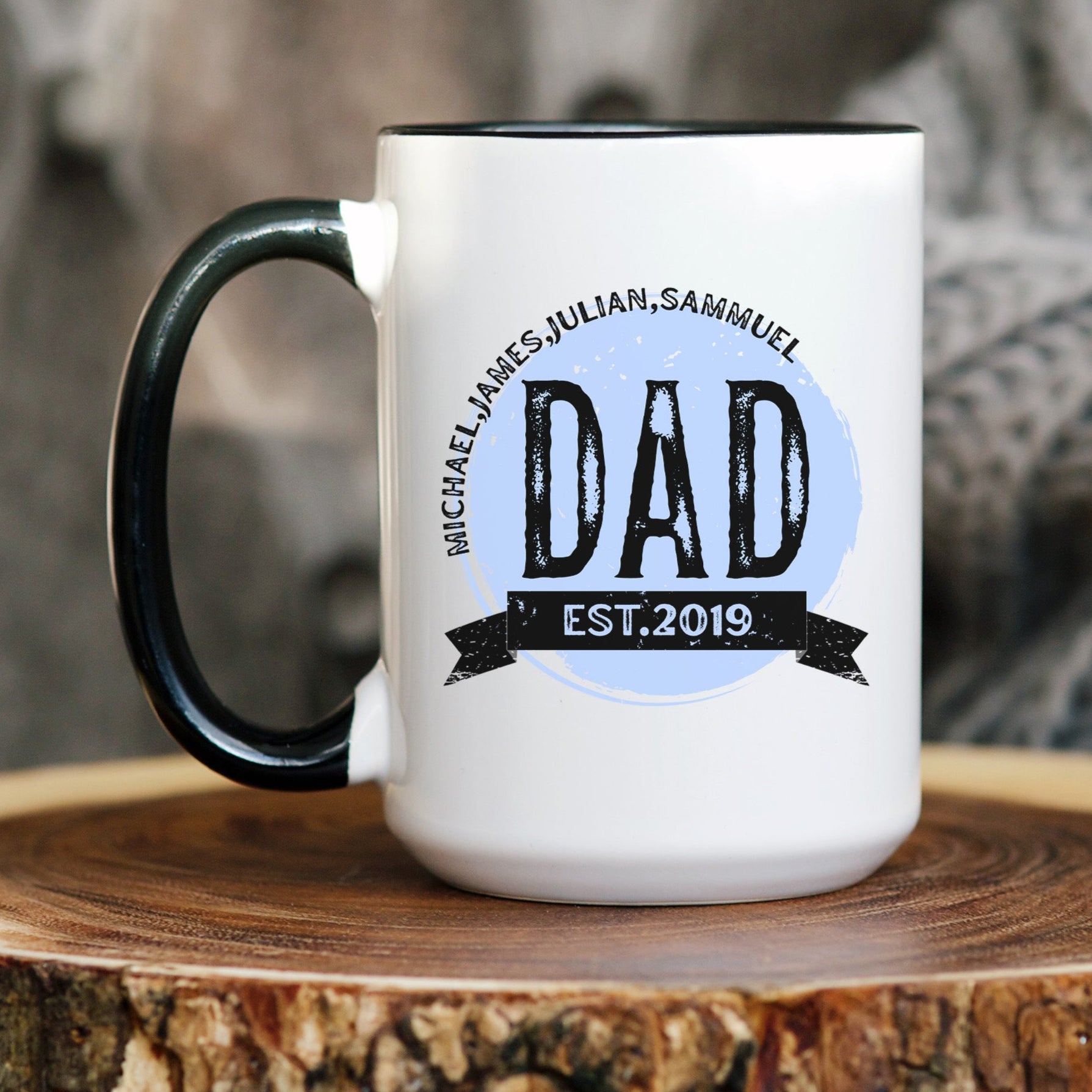 Personalized dad mug with kids names, the perfect Father's Day gift. Blue custom coffee mug for dad with children's names father's day present.