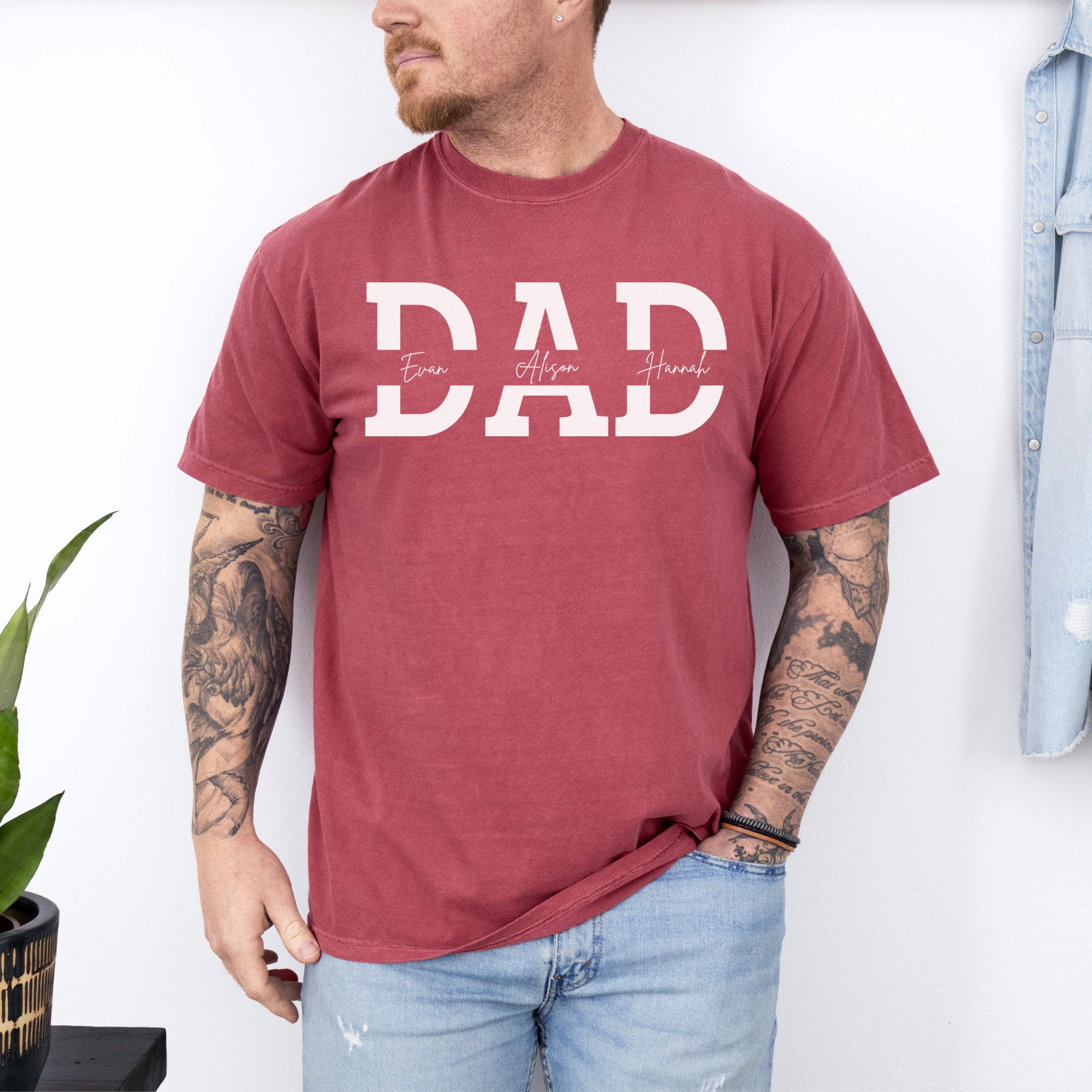 Red personalized Comfort Colors custom dad shirt with kids names, making it the perfect Father’s Day gift for dads.