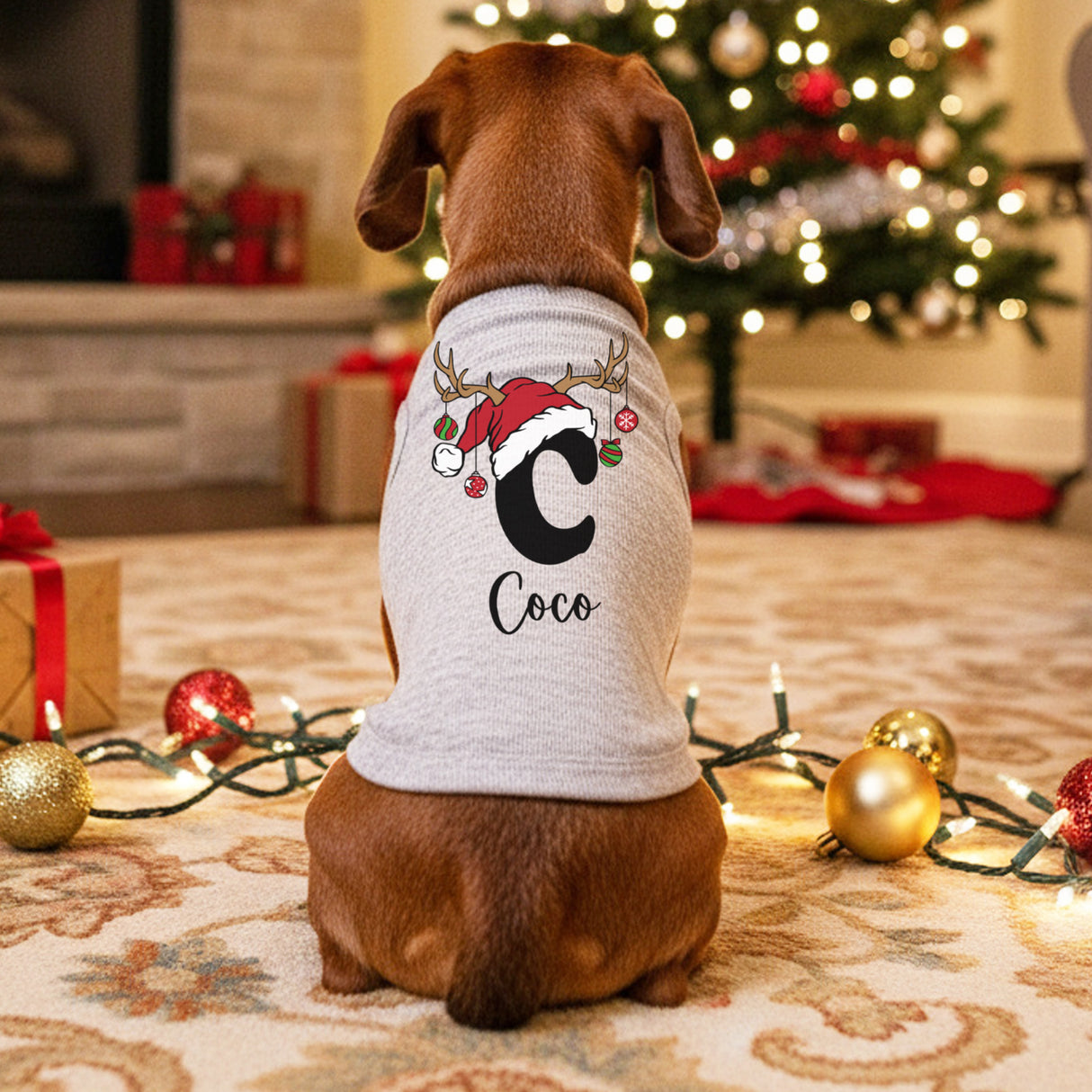 Reindeer Initial Personalized Dog Christmas Outfit with Name, Hoodies, Bandanas & Tanks, Sizes XS-3XL