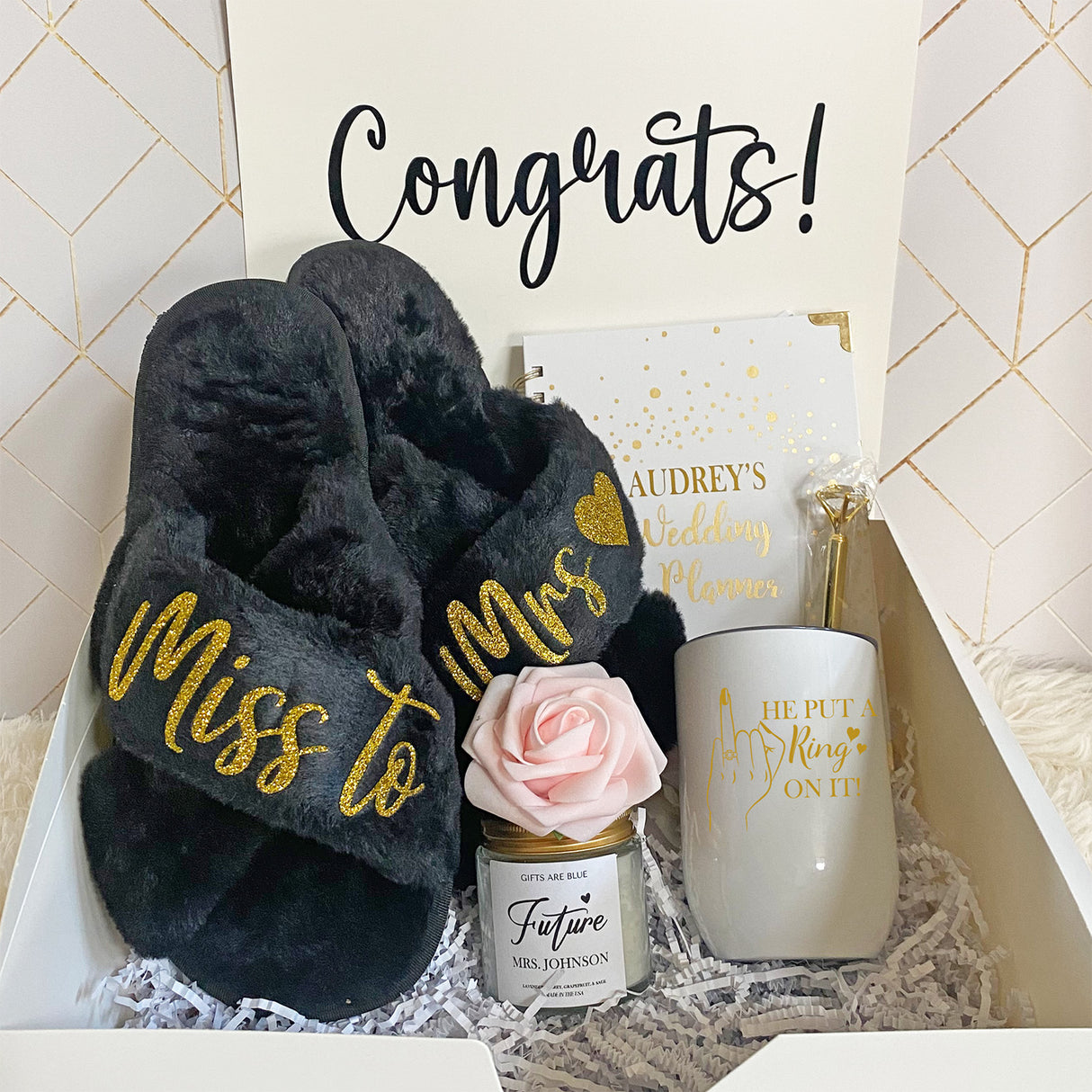 Personalized Gold Engagement Gift Bundle with Fluffy Slippers, Wedding Planner and More - Gifts for Future Mrs - Engagement Gift Idea