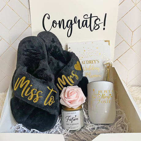 Gold Themed Personalized Engagement Gift Bundle with Slippers for New Fiance - Gifts Are Blue