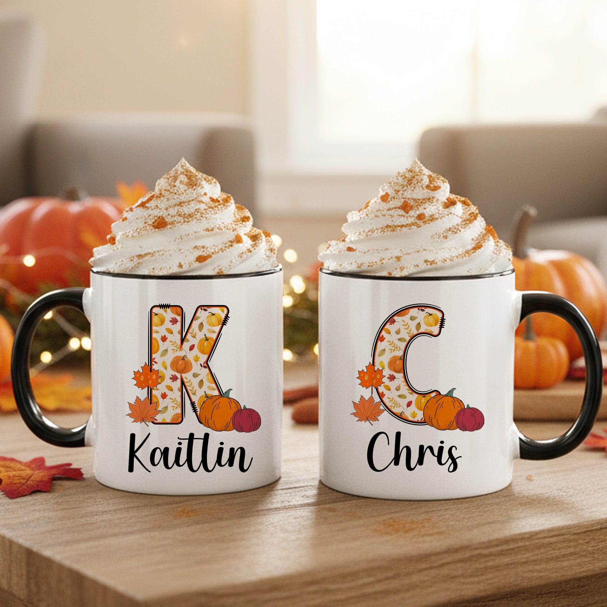Thanksgiving Doodle Initial Personalized Fall Mugs for Kids and Adults, Autumn Coffee Mug