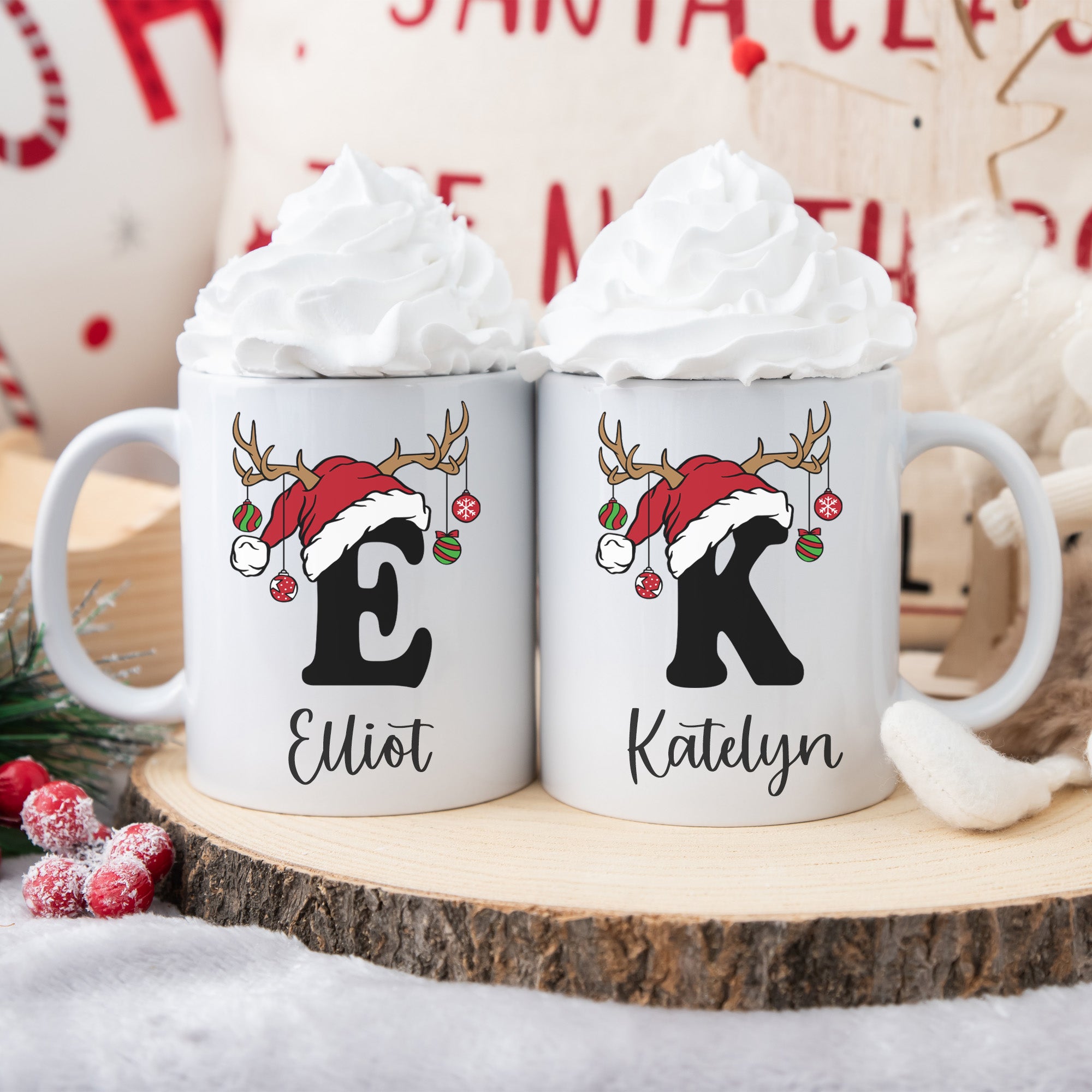 Custom matching Christmas mugs for couples, friends, and family.