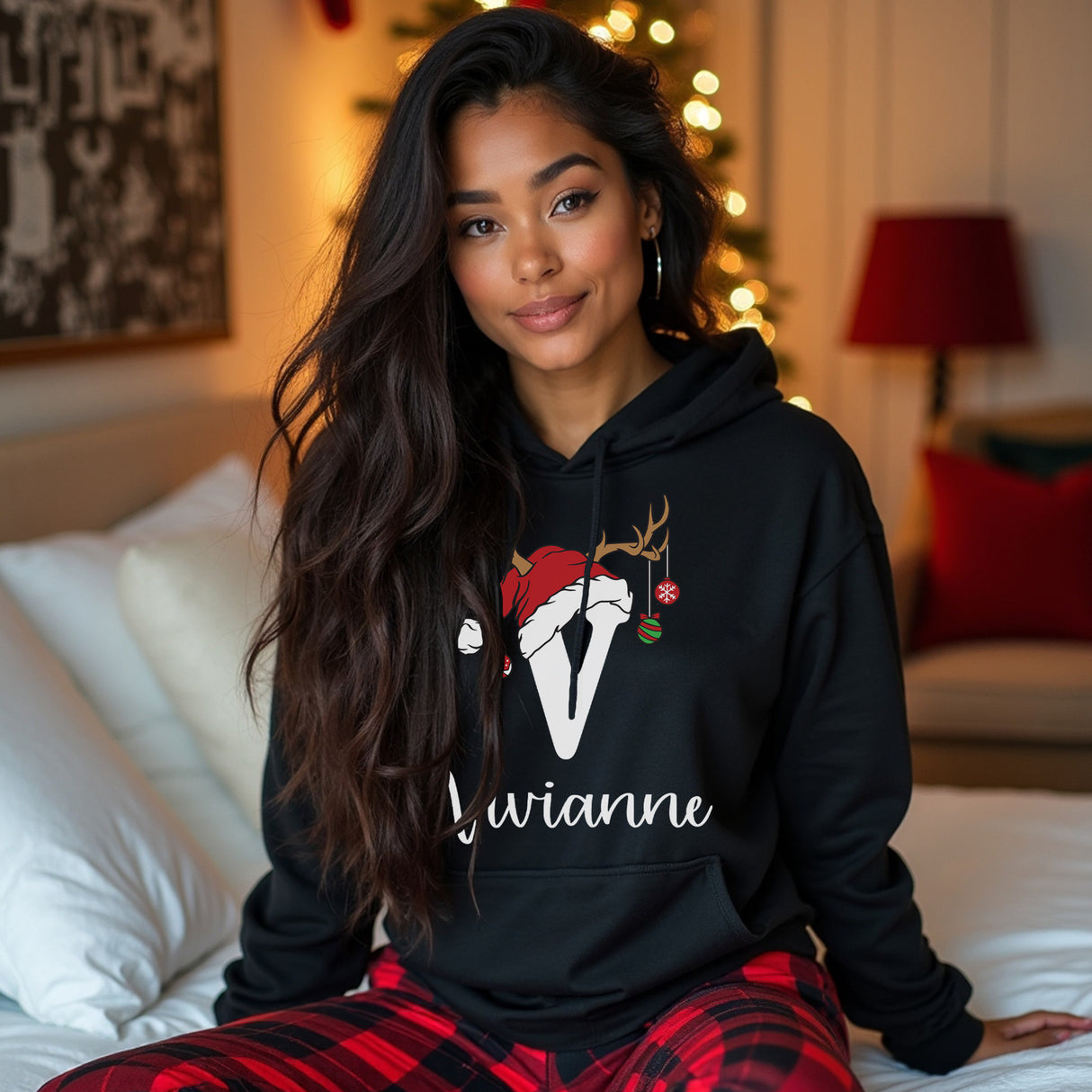 Cute personalized Christmas hoodies with name and initial.