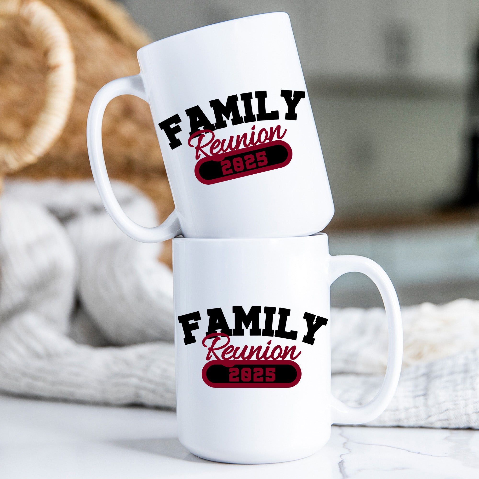 Matching personalized family reunion mugs with year, custom family coffee cups for reunion gifts and family events.