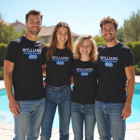 Custom retro family reunion shirts. Personalized with last name and event year for matching family outfits and group photos.