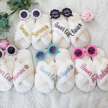 Custom slippers for flower girls, and wedding crew. Perfect matching gifts for flower girls with name. 