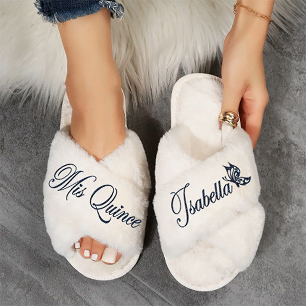 Cute Personalized Fluffy Slippers for Quinceanera, Mis Quince Slippers, Quinceanera Gifts, Mama de la Quince Slippers, Quince Squad Slippers