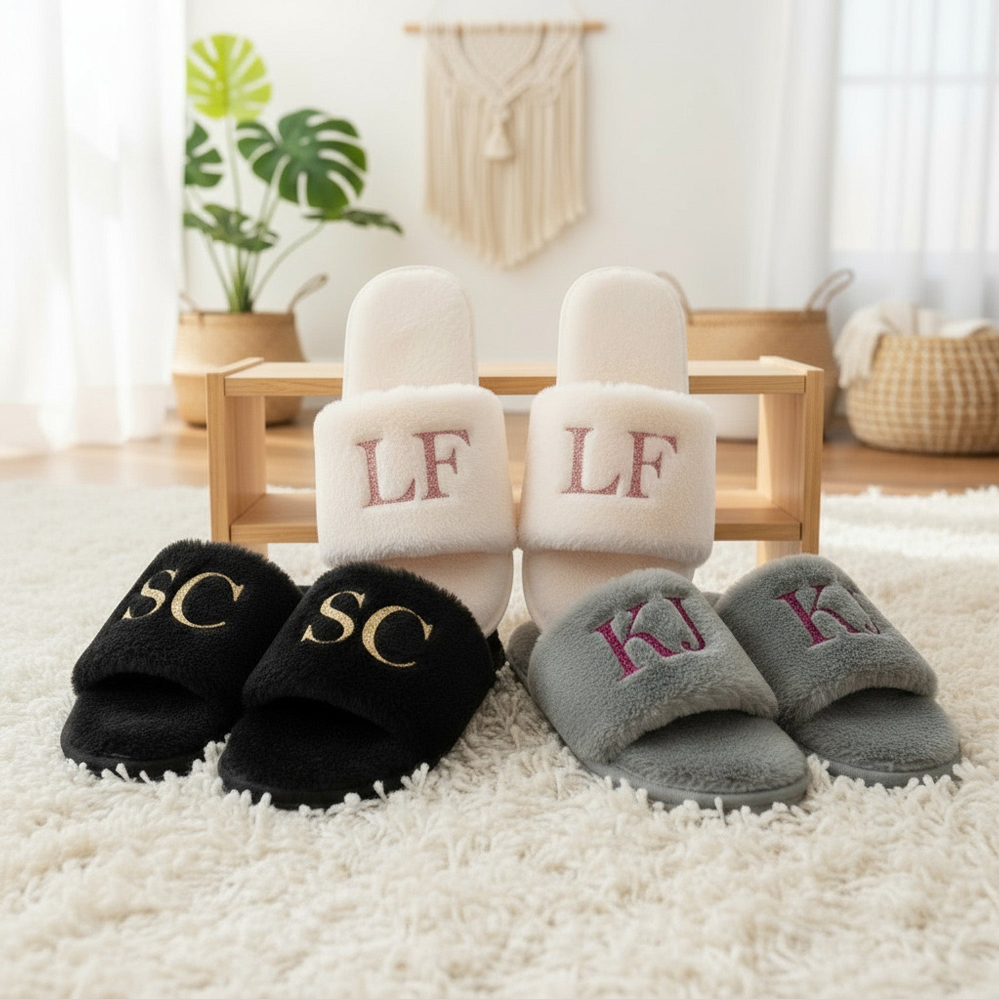 Block Initials Fluffy Slippers – Personalized Gift for Her