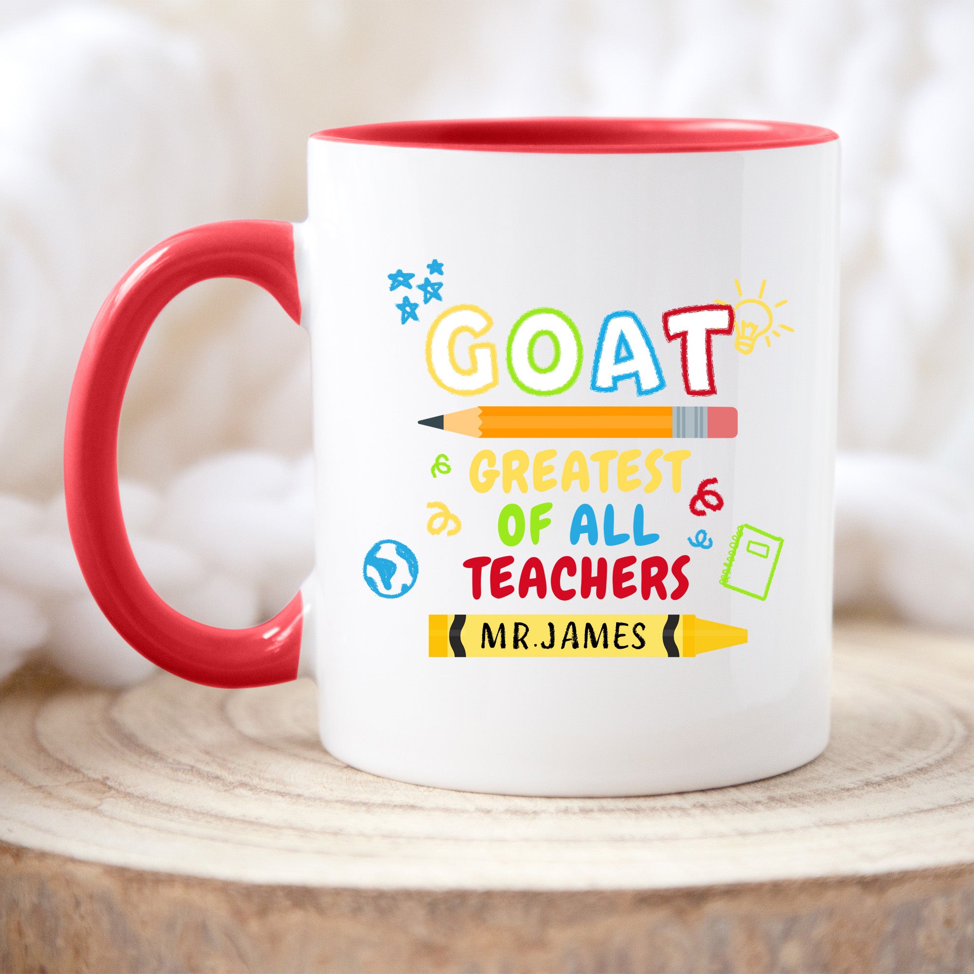 Custom mug with Greatest of All Teachers design, humorous and personalized gift for Teacher Appreciation Week.