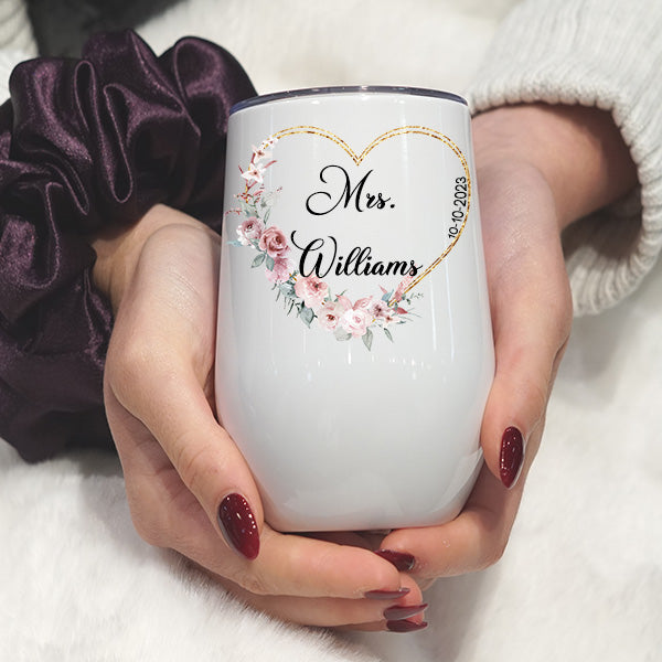 Personalized Bridesmaid Wine Tumbler Glasses with 3 Wreath Floral Frames - Front & Back Design - Custom Text