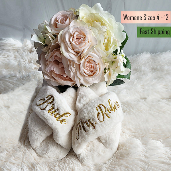 BluChi Personalized Fluffy Slippers for Women/ Bridesmaid & Bride Gift