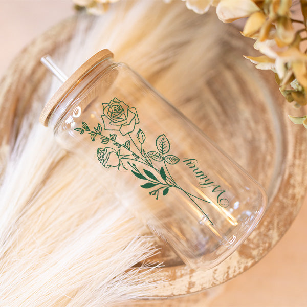 Here is our 16oz libby glass can with green print personalized with name and birth flower.