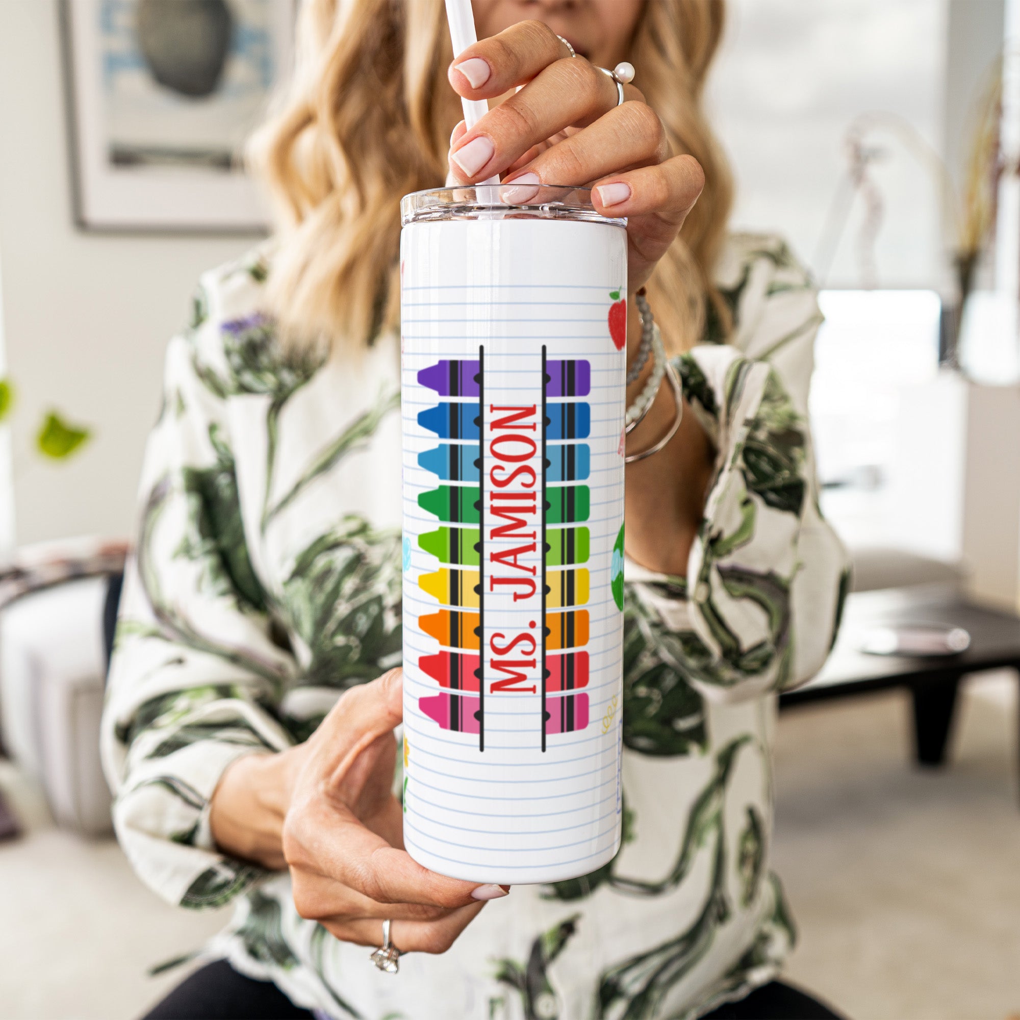 Teacher gift tumbler with custom name, colorful crayon design for teacher appreciation week.