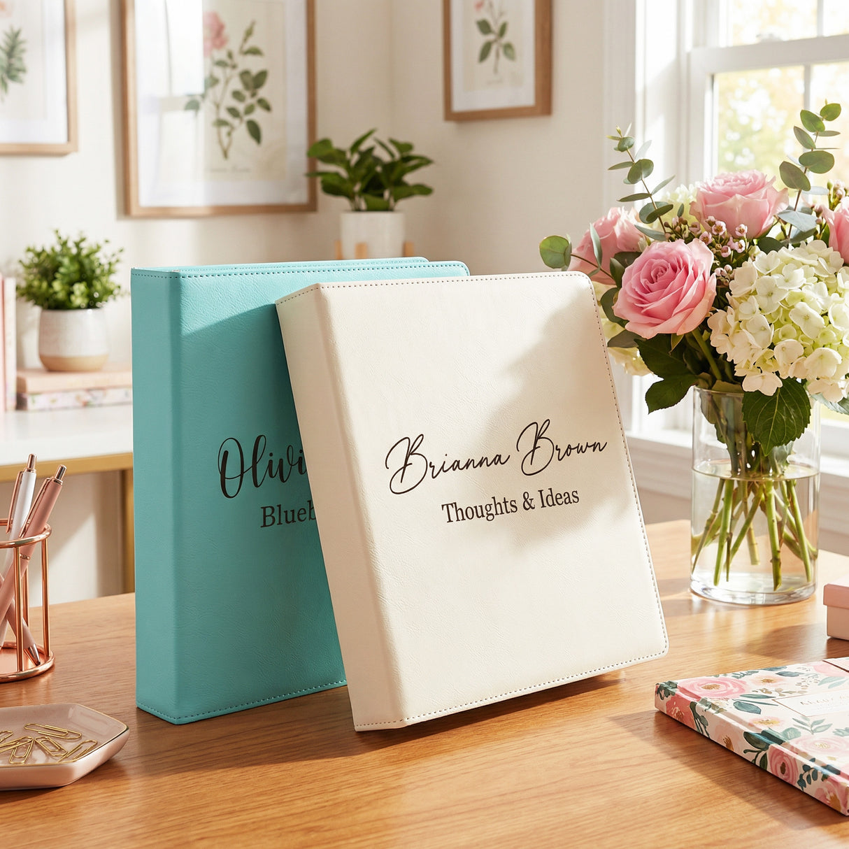 Personalized Binder w Name and Custom Text for Women and Teen Girls, Faux Leather