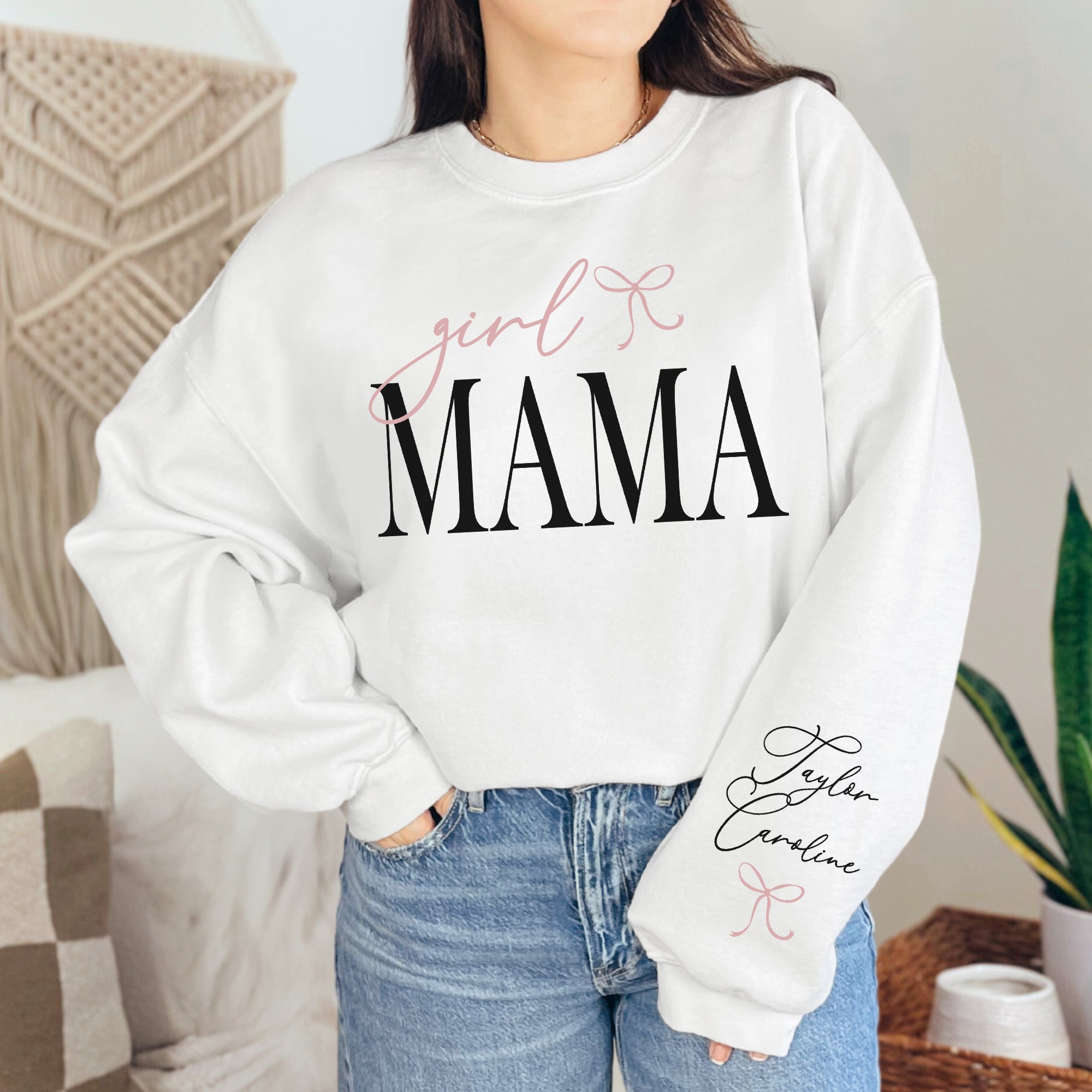 Comfortable Girl Mama Sweatshirt for moms with kids’ names and custom design.