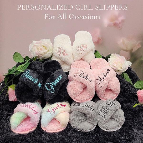 Personalized Fluffy Girls Slippers for Kids Ages 3 to 10 - Non-Skid Open Toed Style - Flower Girl Slippers - Slippers for Birthday Parties