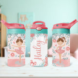 Custom kids water bottle with ballerina design and name personalization, ideal for toddlers, school, or daycare.