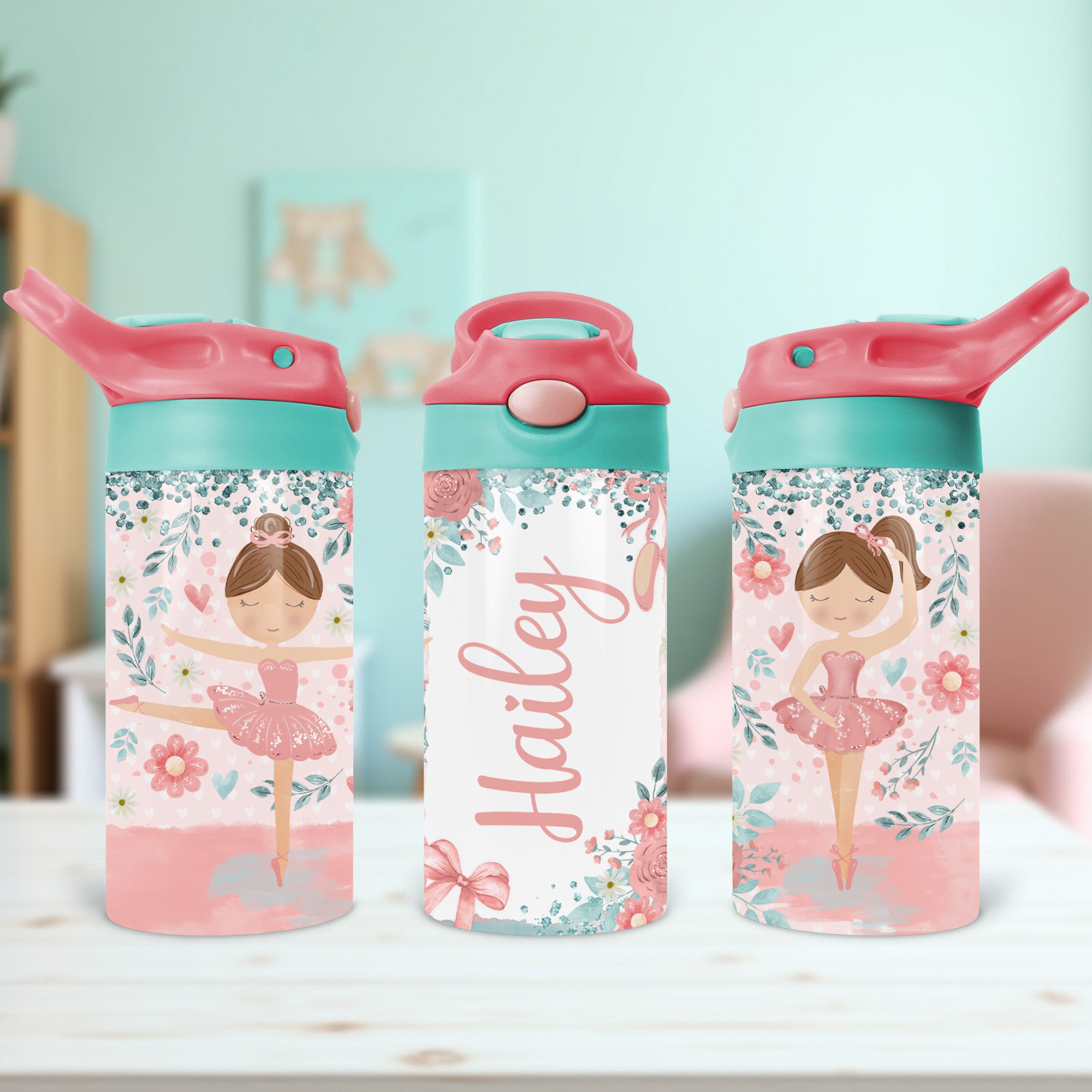 Custom kids water bottle with ballerina design and name personalization, ideal for toddlers, school, or daycare.