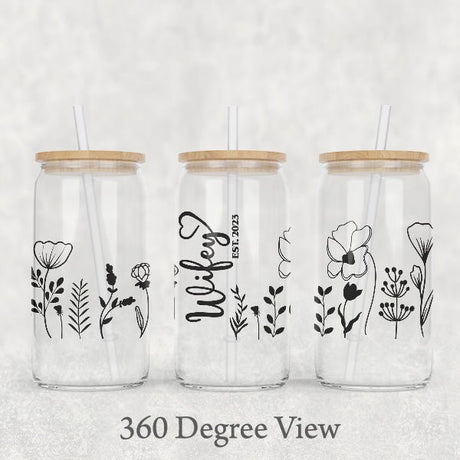 Wifey glass can with established year personalization.  Great anniversary gift for wife from husband.
