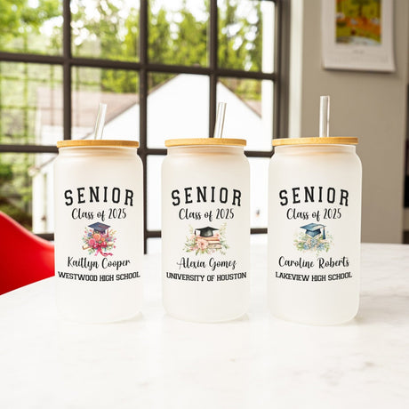Custom graduation iced coffee cup featuring a frosted floral design, perfect for graduation gift ideas. 