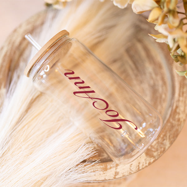 This iced coffee glass cup offers personalization where you can add the recipient name.  It offers a minimalist design so it will easily fit in with any bundle gift idea for bridesmaid, friends etc.