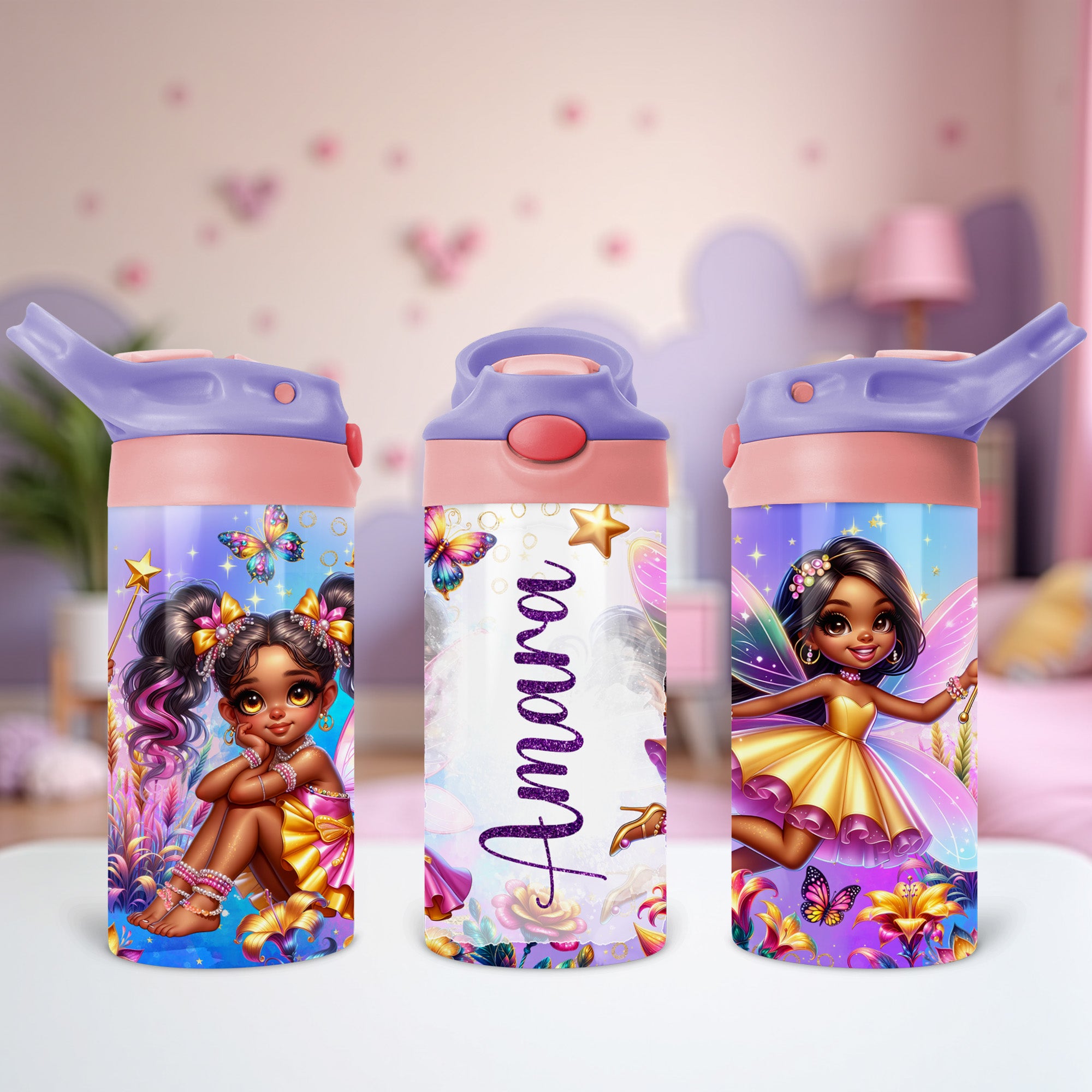 Personalized plastic water bottle for kids featuring a magical fairy theme and flip top, great for preschool or travel.