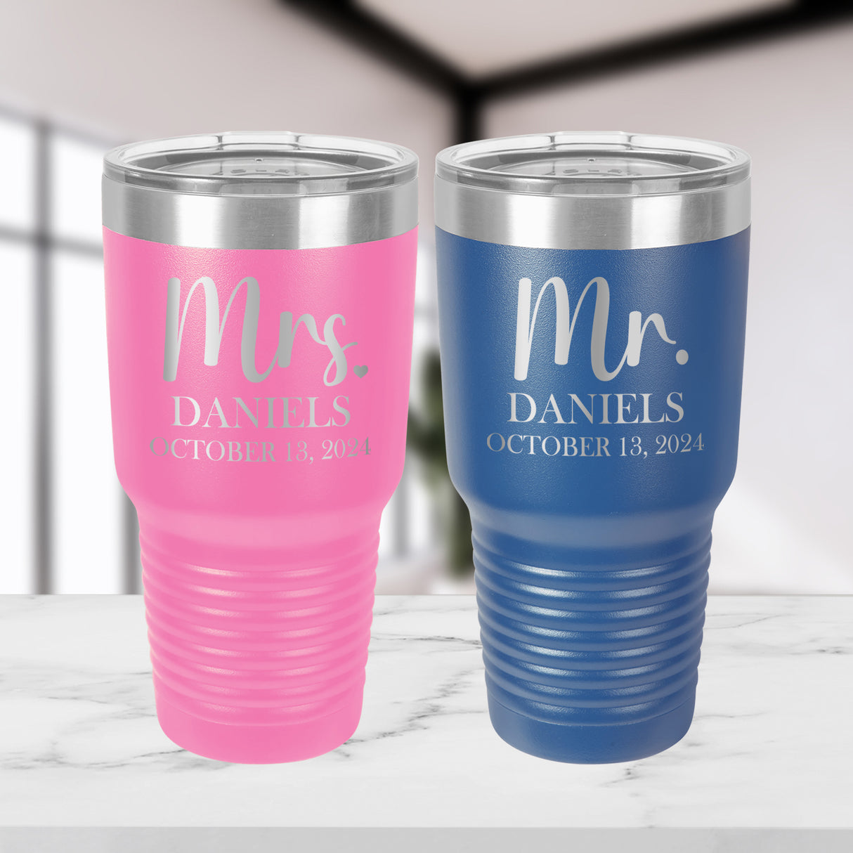 Pink and blue drinking tumblers. Newly weds tumbler set. New marriage tumblers.