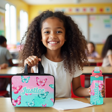 Custom pink lunch tote and tumbler for little girls going to school for the first time. 